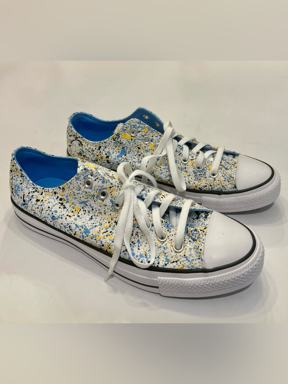 Converse Men’s /Women’s Low Top Splatter Paint Sneakers in White, Blue & Yellow